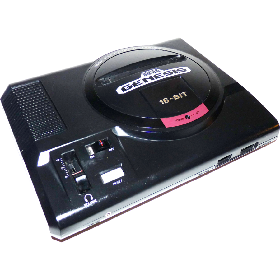 Front angled view of a Sega Genesis Model 1 console showing the cartridge slot, volume slider with headphone jack, power and reset buttons, controller ports, and logo from a slight side perspective.