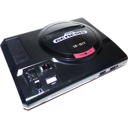 Front angled view of a Sega Genesis Model 1 console showing the cartridge slot, volume slider with headphone jack, power and reset buttons, controller ports, and logo from a slight side perspective.