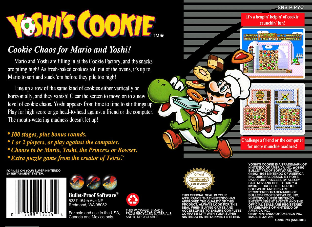 Yoshi’s Cookie for Super Nintendo Entertainment System with tile-matching puzzle gameplay theme back cover