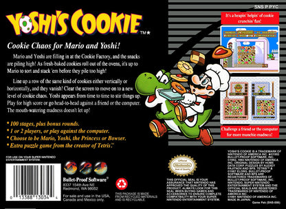 Yoshi’s Cookie for Super Nintendo Entertainment System with tile-matching puzzle gameplay theme back cover