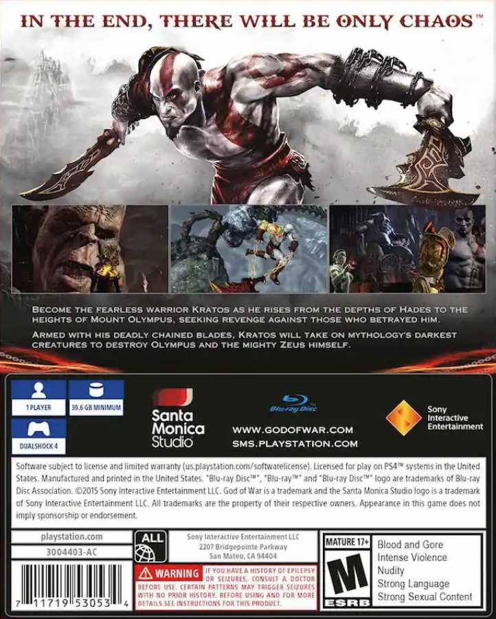 God of War III: Remastered [PlayStation Hits] – PlayStation 4 (PS4) video game back of case, mythological action-adventure by Santa Monica Studio and Sony Interactive Entertainment