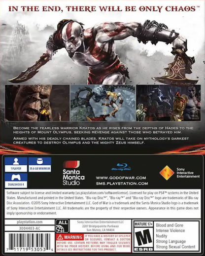 God of War III: Remastered [PlayStation Hits] – PlayStation 4 (PS4) video game back of case, mythological action-adventure by Santa Monica Studio and Sony Interactive Entertainment
