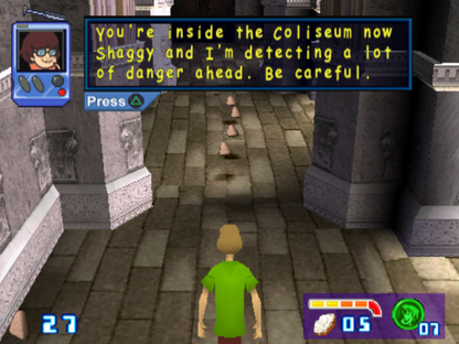 Scooby-Doo and the Cyber Chase Greatest Hits PlayStation 1 action-adventure video game based on the animated film Scooby Shaggy Mystery Inc gang transported into computer world levels based on locations chasing Phantom Virus platforming puzzle solving collectible Scooby snacks THQ Hanna-Barbera license cooperative gameplay screenshot