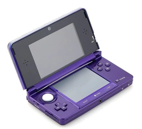 Nintendo 3DS purple handheld gaming system featuring glasses free 3D display dual screens touch screen controls built in cameras Wi Fi connectivity backward compatibility with Nintendo DS games portable Nintendo gaming rechargeable battery collectible gaming appeal