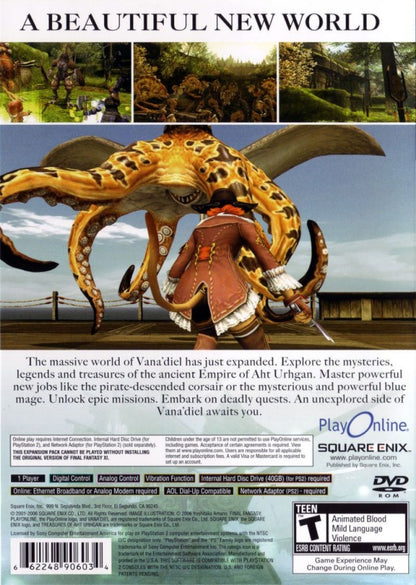 Final Fantasy XI Online Treasures of Aht Urhgan PS2 PlayStation 2 MMORPG online role playing game expansion fantasy adventure Square Enix party based combat retro video game back of case