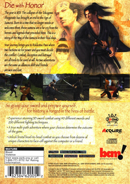 Way of the Samurai PlayStation 2 PS2 for retro video game enthusiasts featuring action adventure gameplay samurai sword combat branching story paths feudal Japan exploration multiple endings character customization and collectible gaming appeal back art 