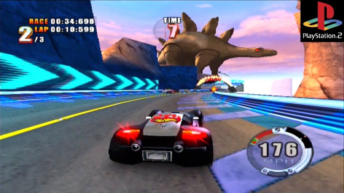 Hot Wheels Stunt Track Challenge PlayStation 2 PS2 for retro video game enthusiasts featuring arcade racing gameplay high speed stunt driving loop and ramp challenges customizable Hot Wheels cars physics based tricks competitive racing modes and collectible gaming appeal gameplay