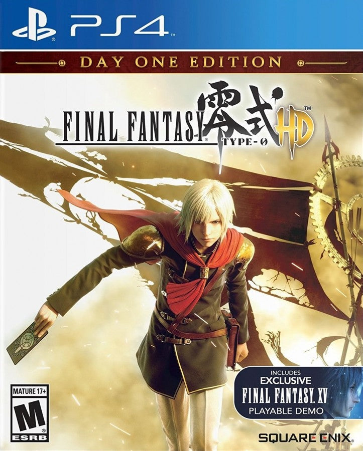 Final Fantasy Type-0 HD Day One Edition for PlayStation 4, cover image for an action role-playing video game with fantasy combat, cinematic storytelling, party-based battles, and epic JRPG adventure