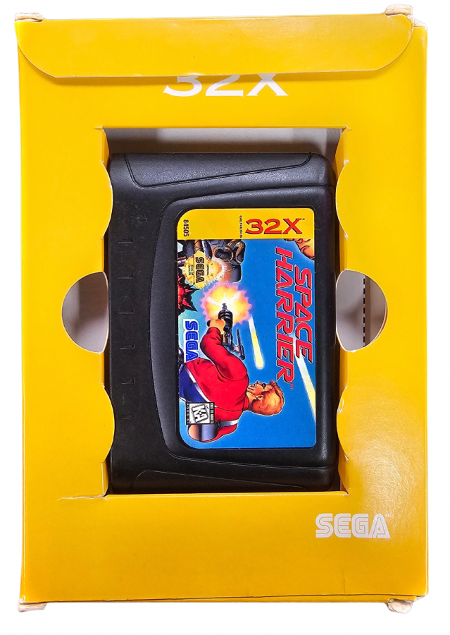 Space Harrier Sega 32X video game featuring fast paced arcade shooter gameplay third person flight action futuristic fantasy environments enemy battles giant creatures obstacle courses and classic Sega 32X gameplay retro video game collection collectible gaming appeal game carrtridge