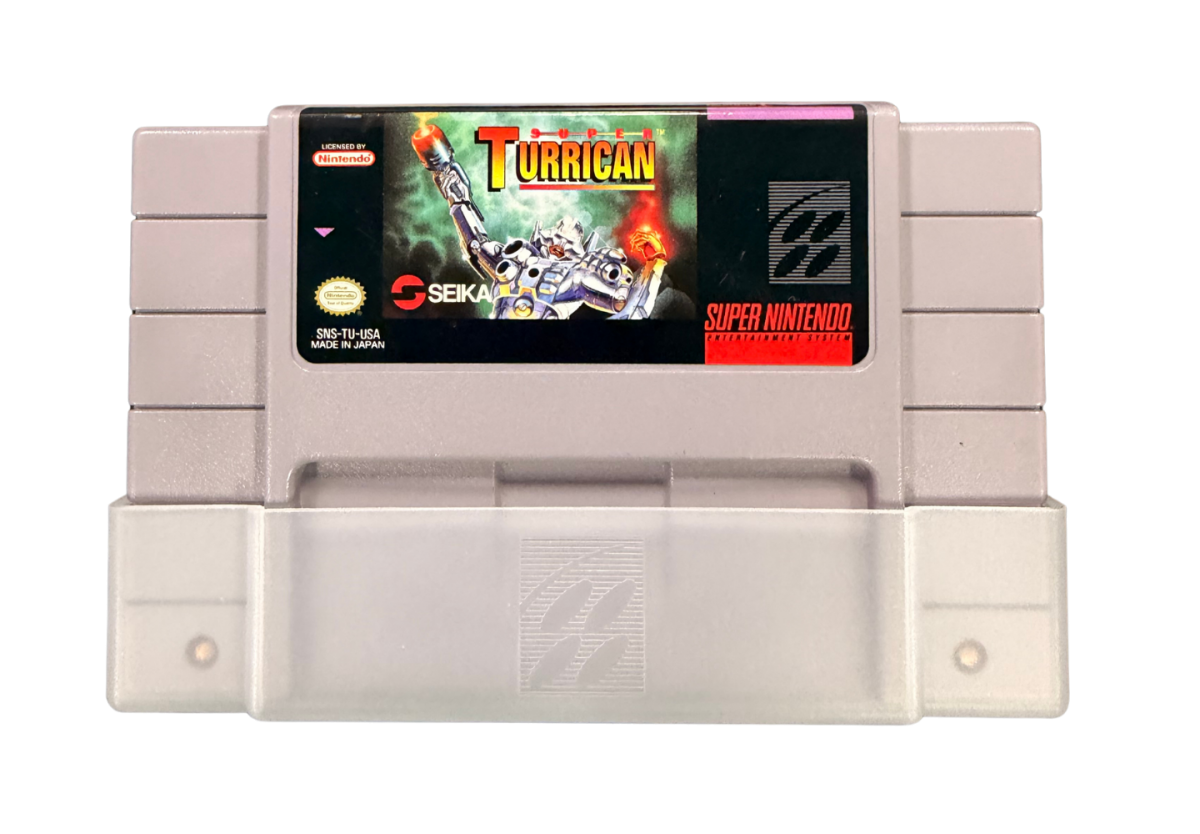 Super Turrican Super Nintendo Entertainment System SNES retro video game action platformer featuring futuristic combat powerful weapons alien enemies challenging levels explosive action classic 16 bit graphics Super Nintendo gaming experience retro game collection appeal front of cartridge