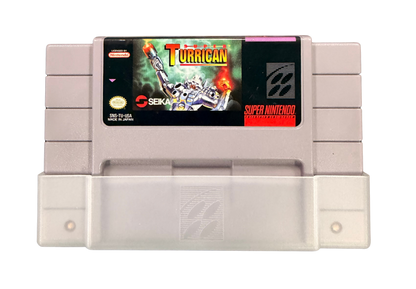 Super Turrican Super Nintendo Entertainment System SNES retro video game action platformer featuring futuristic combat powerful weapons alien enemies challenging levels explosive action classic 16 bit graphics Super Nintendo gaming experience retro game collection appeal front of cartridge
