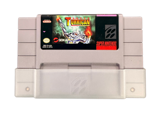 Super Turrican Super Nintendo Entertainment System SNES retro video game action platformer featuring futuristic combat powerful weapons alien enemies challenging levels explosive action classic 16 bit graphics Super Nintendo gaming experience retro game collection appeal front of cartridge