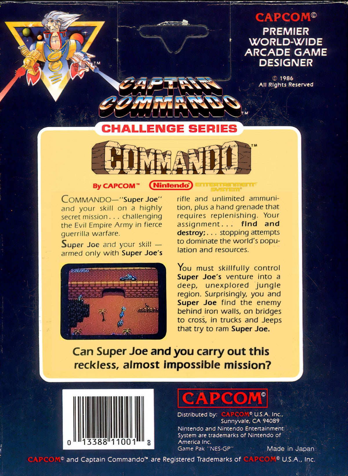 Commando game for the Nintendo Entertainment System featuring top down run and gun gameplay with continuous shooting grenade attacks and mission based stages as players advance through enemy territory in an arcade style military setting back cover art