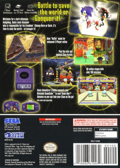 Sonic Adventure 2 Battle [Player's Choice] back cover art for Nintendo GameCube (GC) action-adventure video game. 