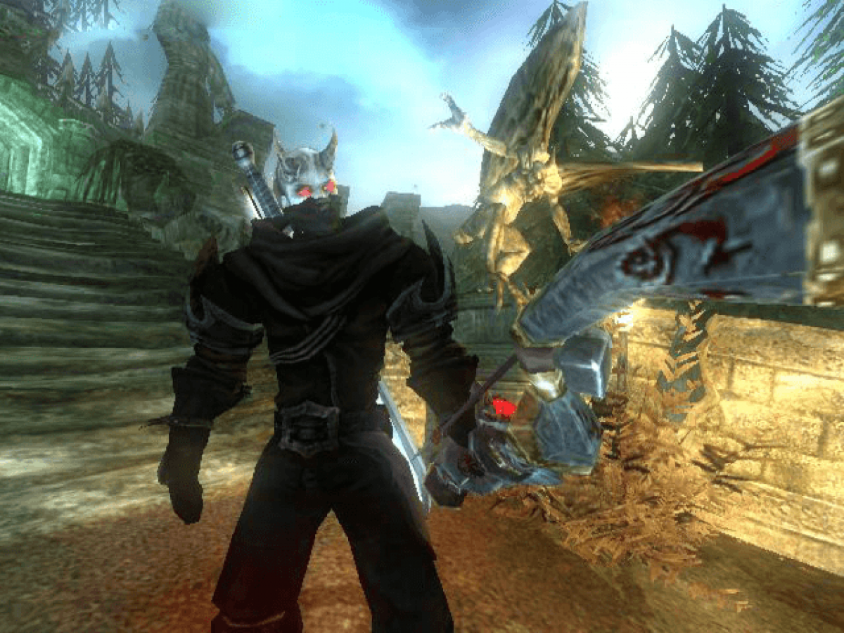 Gameplay of the 'Fable' game for Xbox, featuring a character with a sword and the Fable logo.