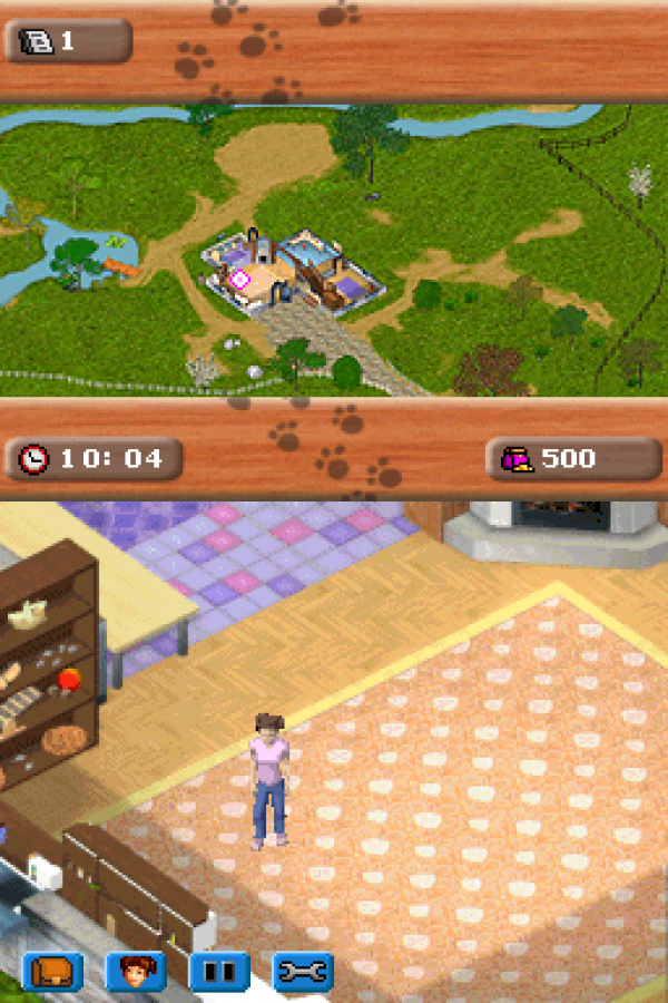 Paws & Claws Pet Resort Nintendo DS video game, animal care simulation, resort management gameplay, family-friendly handheld console title gameplay screenshot