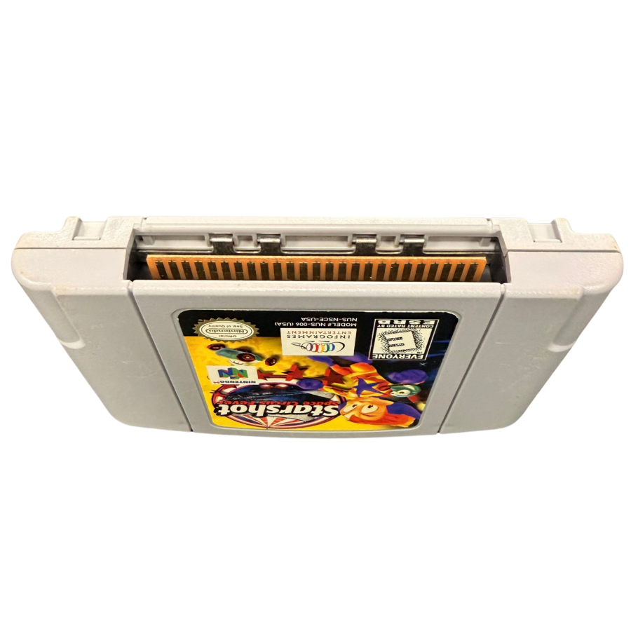 Starshot Space Circus Fever Nintendo 64 N64 video game featuring action adventure platforming gameplay futuristic space circus exploration colorful alien worlds Starshot character abilities enemy encounters puzzle solving and classic 64 bit Nintendo gameplay retro video game collection collectible gaming appeal bottom of cartridge