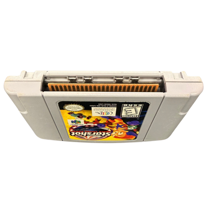 Starshot Space Circus Fever Nintendo 64 N64 video game featuring action adventure platforming gameplay futuristic space circus exploration colorful alien worlds Starshot character abilities enemy encounters puzzle solving and classic 64 bit Nintendo gameplay retro video game collection collectible gaming appeal bottom of cartridge