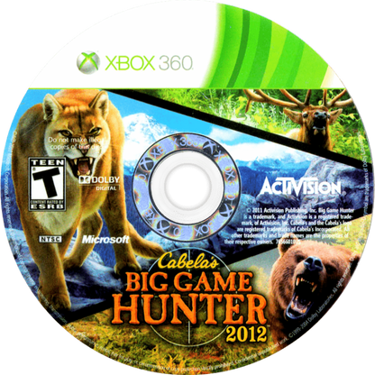 Cabela's Big Game Hunter 2012 disc for Xbox 360 (X360) hunting simulation video game