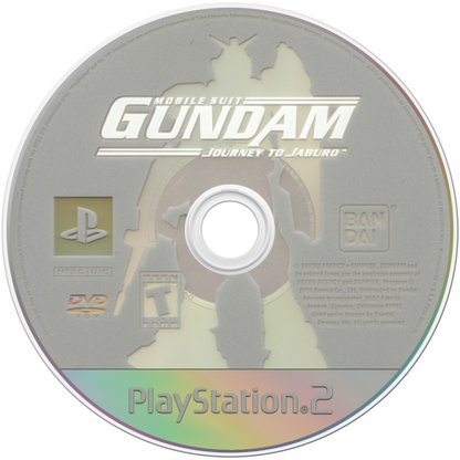 Retro Mobile Suit Gundam Journey to Jaburo PS2 inspired design featuring classic anime mech combat aesthetic vintage PlayStation 2 Earth Federation military campaign mobile suit battles ground warfare sci fi action cinematic Gundam storytelling nostalgic gameplay presentation- disc
