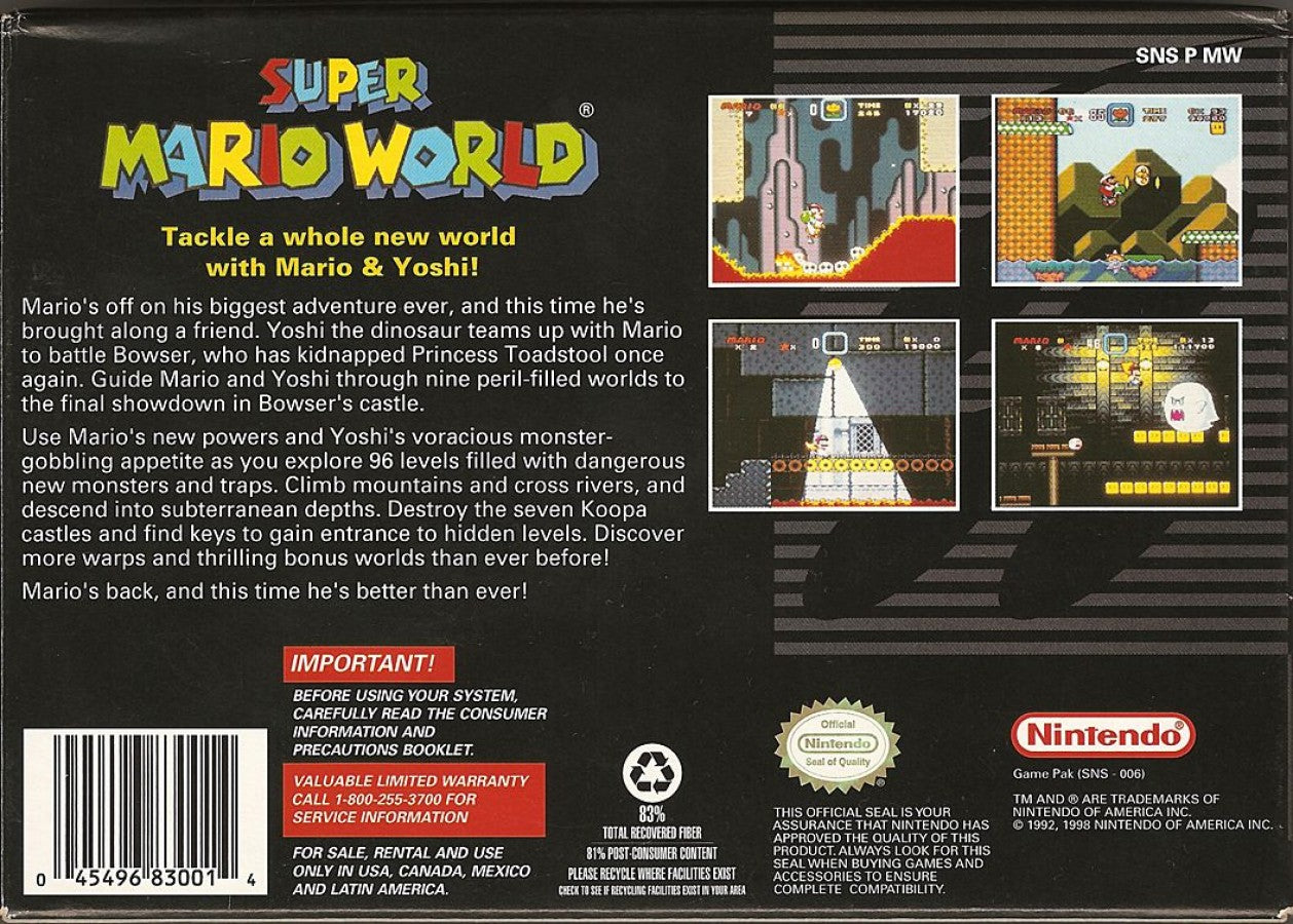 Super Mario World [Players Choice] – Super Nintendo Entertainment System (SNES) back of box for retro platformer video game