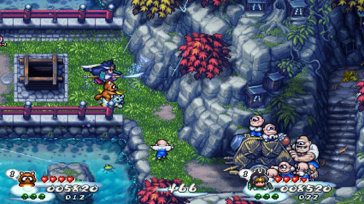 Pocky and Rocky Reshrined Nintendo Switch NS video game featuring top down action shooter gameplay Pocky and Rocky characters yokai battles magical attacks enemy waves forest environments cooperative gameplay challenging stages and classic Nintendo Switch gameplay retro video game collection collectible gaming appeal gameplay