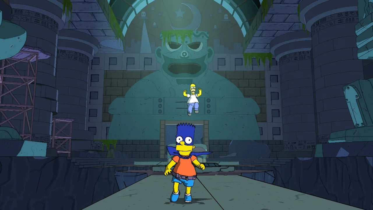 The Simpsons Game gameplay for Nintendo Wii (Wii) featuring comedic action‑adventure gameplay with Homer, Bart, Lisa, and Marge, parodying popular video games in Springfield