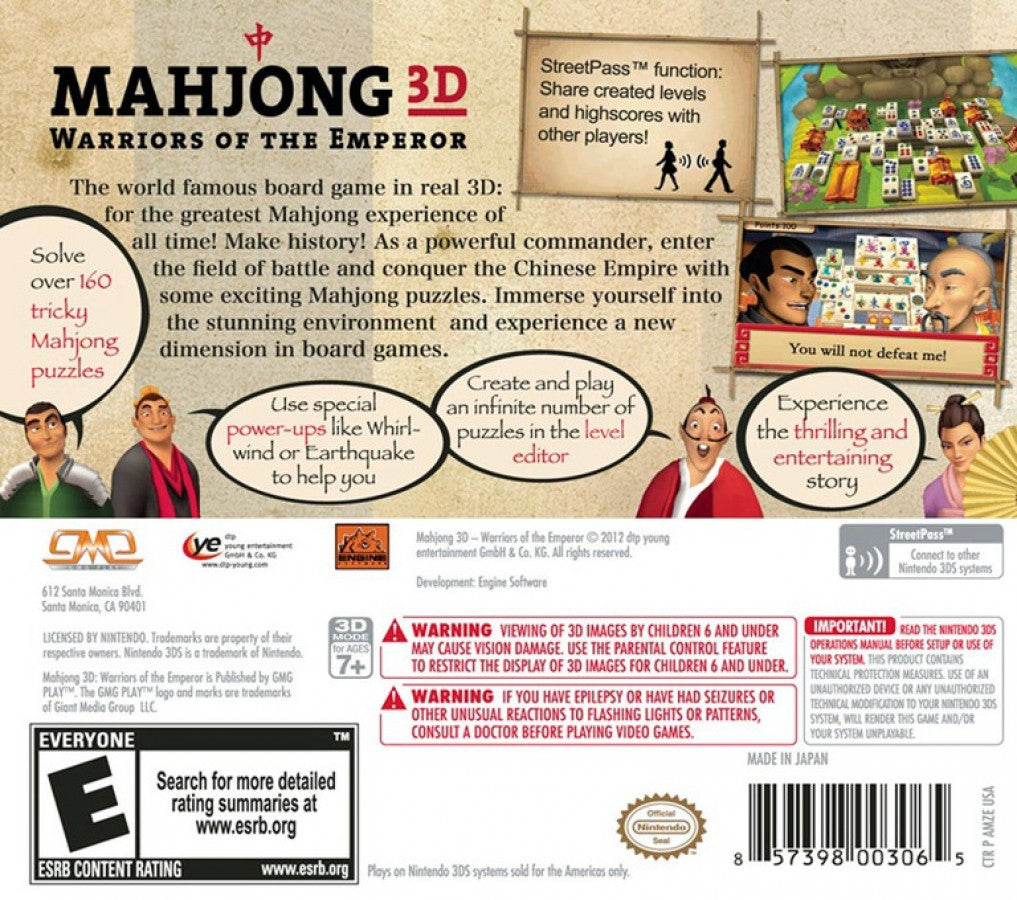 Mahjong 3D Warriors of the Emperor for Nintendo 3DS mahjong puzzle game featuring Chinese themed tiles campaign challenges and classic tile matching gameplay back cover