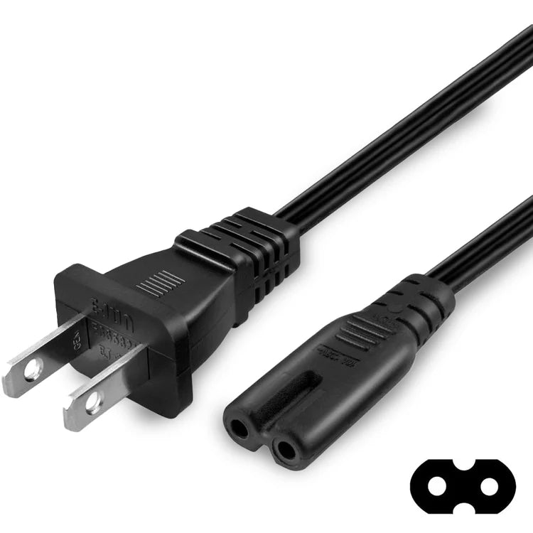 Universal power cable with two prong plug and figure 8 connector for gaming consoles