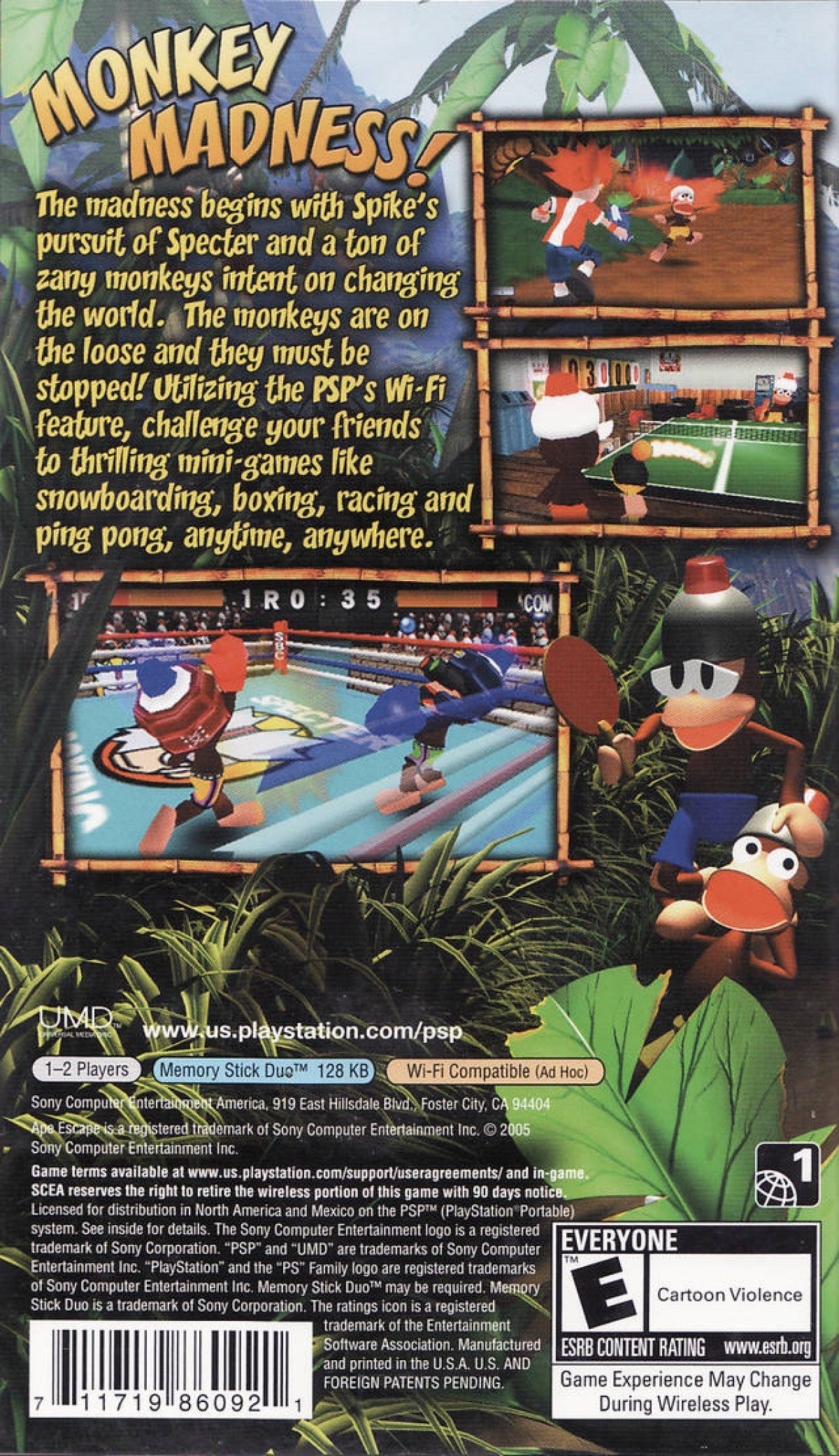 Ape Escape On the Loose Greatest Hits UMD for the PlayStation Portable featuring action platformer gameplay with gadget based mechanics time travel stages and monkey catching missions starring Spike in a colorful cartoon style adventure back cover 