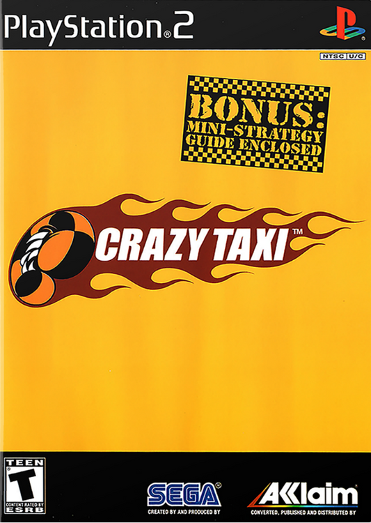 Crazy Taxi PlayStation 2 arcade-style driving video game Sega fast-paced passenger delivery open-world city environment licensed punk alternative soundtrack insane stunts time-based scoring Crazy Box challenge modes original arcade port front cover