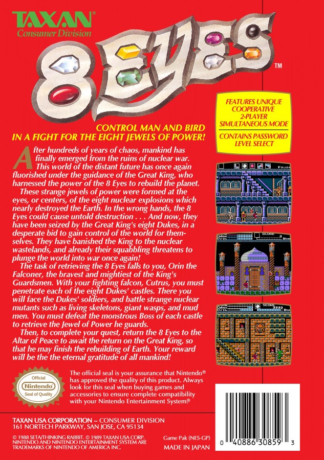 8 Eyes Nintendo Entertainment System NES for action platforming video game fans featuring side scrolling gameplay fantasy adventure sword combat collectible jewels challenging levels cooperative play with the falcon Cutrus classic NES retro gaming collectible appeal back cover art
