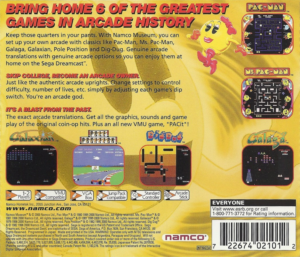 Namco Museum compilation game for the Sega Dreamcast featuring classic arcade titles such as Pac-Man Galaga and Dig Dug with authentic arcade style gameplay bonus museum content and retro gaming presentation back cover 