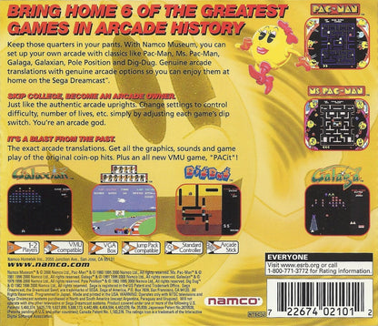 Namco Museum compilation game for the Sega Dreamcast featuring classic arcade titles such as Pac-Man Galaga and Dig Dug with authentic arcade style gameplay bonus museum content and retro gaming presentation back cover 