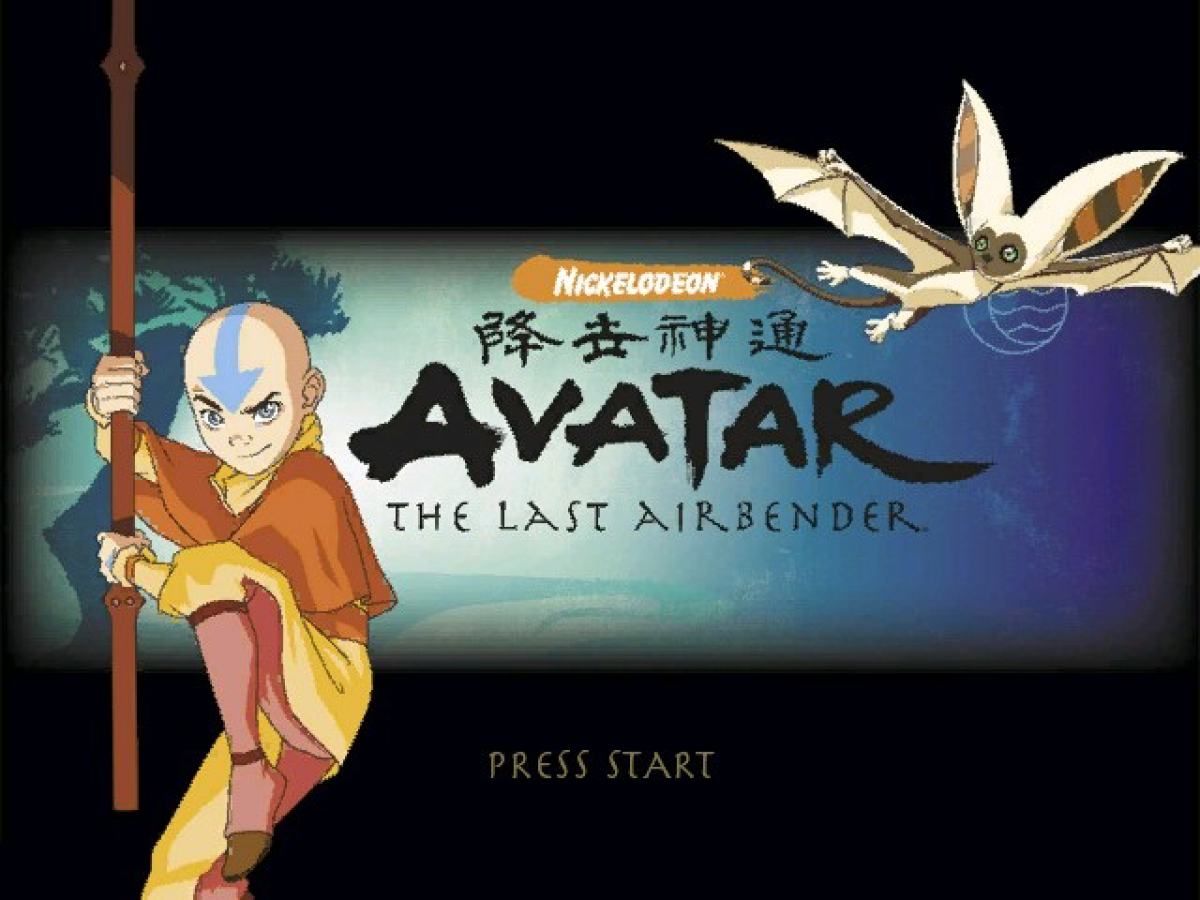 Avatar: The Last Airbender title screen for GameCube game featuring action adventure gameplay inspired by the animated television series