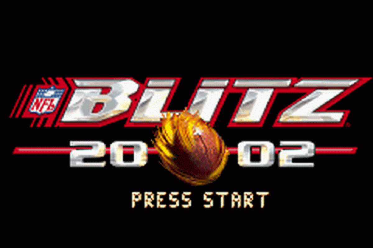 NFL Blitz 2002 Game Boy Advance title screen for retro video game featuring arcade style football gameplay, hard hitting tackles, fast paced matches, exaggerated sports action, and portable NFL competition on the GBA handheld system