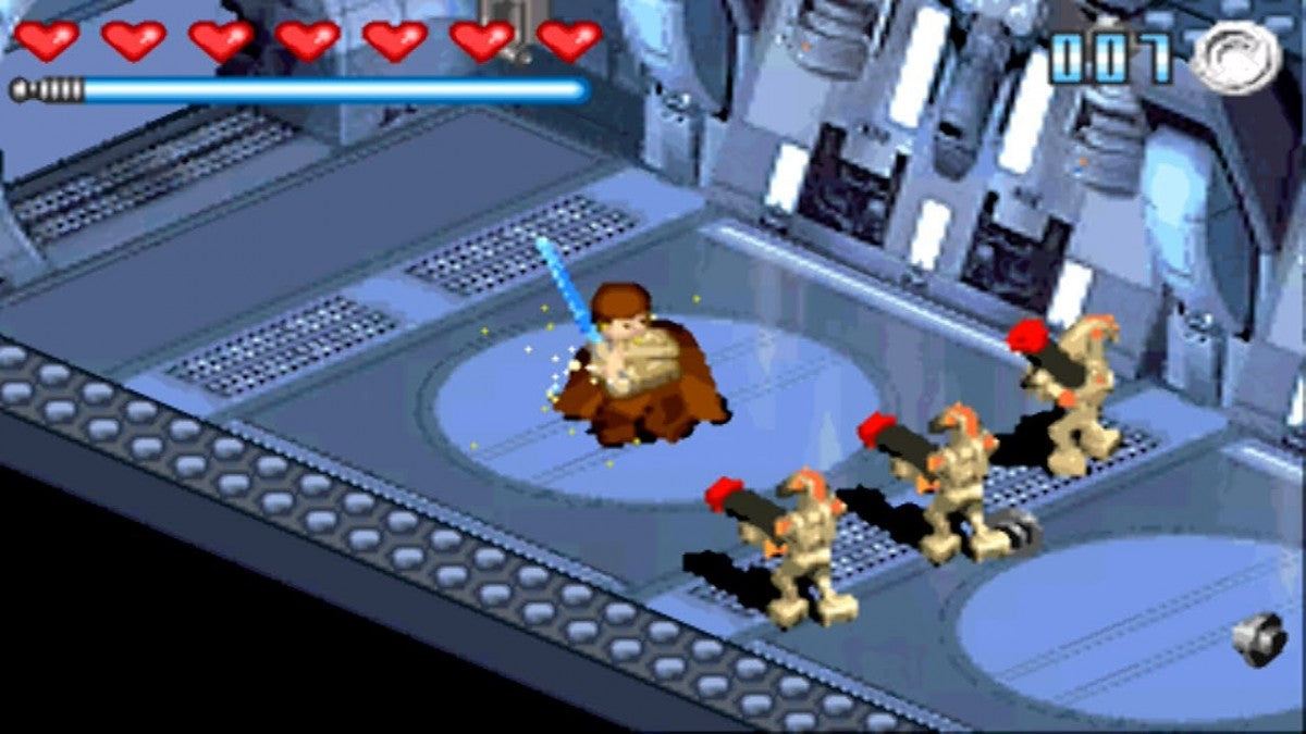 LEGO Star Wars Game Boy Advance GBA action-adventure video game brick-building based on Episodes I II III Jedi Siri battles vehicle sequences collectible studs gameplay screenshot