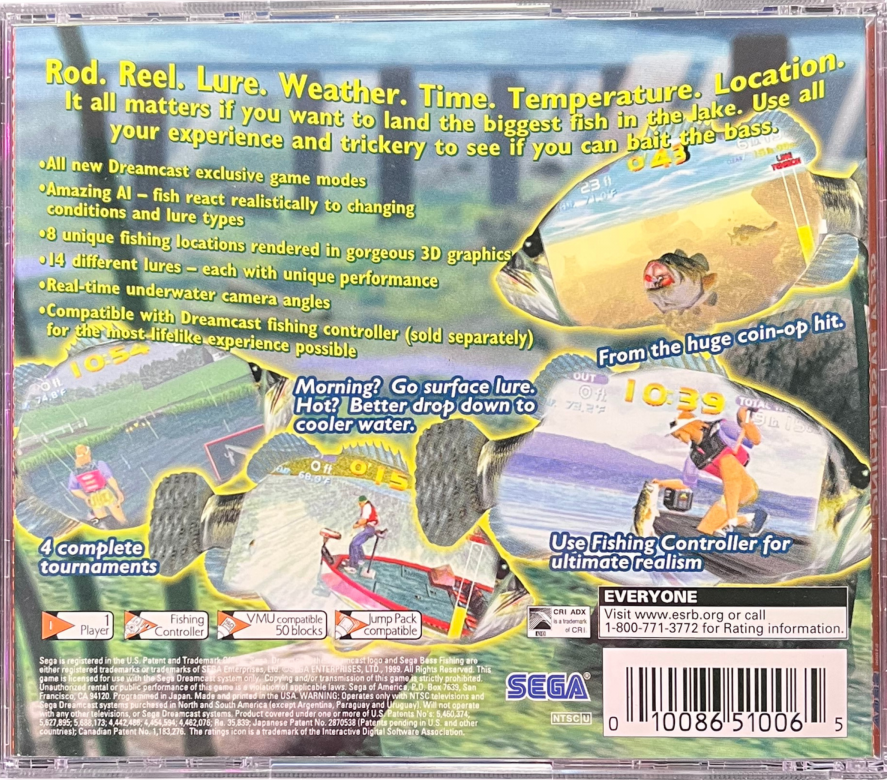Sega Bass Fishing Sega All Stars Dreamcast inspired design featuring arcade fishing simulation aesthetic realistic lake environments competitive angling gameplay classic Sega sports action relaxing outdoor adventure iconic Dreamcast nostalgia presentation back art 