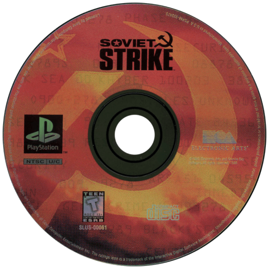 Soviet Strike PlayStation 1 PS1 helicopter combat action video game Electronic Arts sequel to Desert Strike mission-based gameplay striking Soviet Union forces campaign saving hostages destroying targets Cold War era disc art