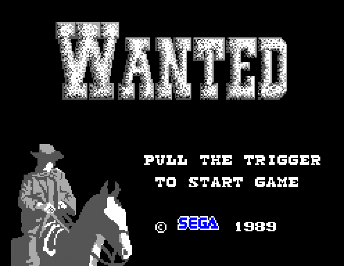 Wanted Sega Master System SMS for arcade action shooting video game fans featuring western themed gunfights side scrolling gameplay enemy outlaws challenging stages weapon upgrades fast paced combat and classic Sega Master System gameplay collectible retro gaming appeal gameplay