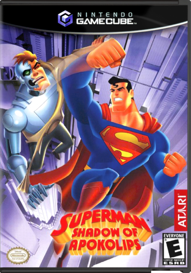 Superman: Shadow of Apokolips cover art for GameCube game featuring cel-shaded action adventure gameplay inspired by the animated series