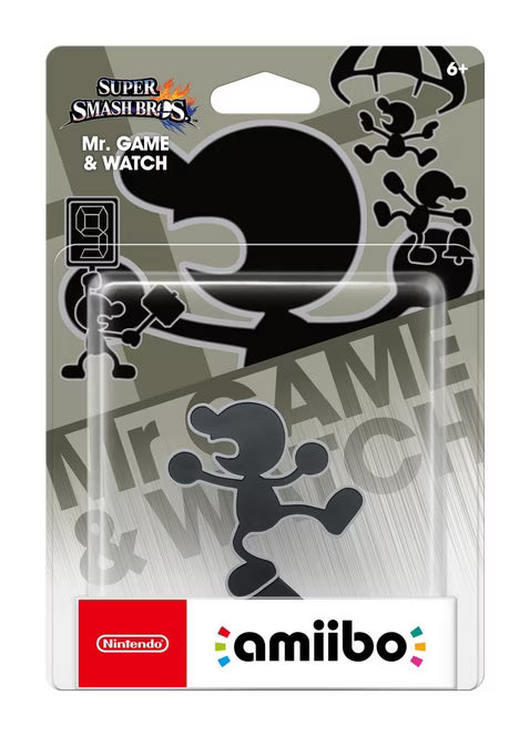 Mr Game & Watch amiibo Nintendo Switch for video game enthusiasts featuring collectible Nintendo character figure compatible with Super Smash Bros Ultimate and select amiibo supported games unlocking in game features classic retro design display worthy presentation and collectible gaming appeal box 