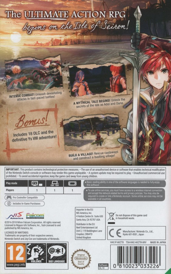 Ys VIII Lacrimosa of Dana Nintendo Switch inspired design featuring epic action role playing adventure aesthetic stranded island exploration dual protagonist storytelling fast paced real time combat mysterious ancient civilization vibrant fantasy world immersive quests presentation back cover art