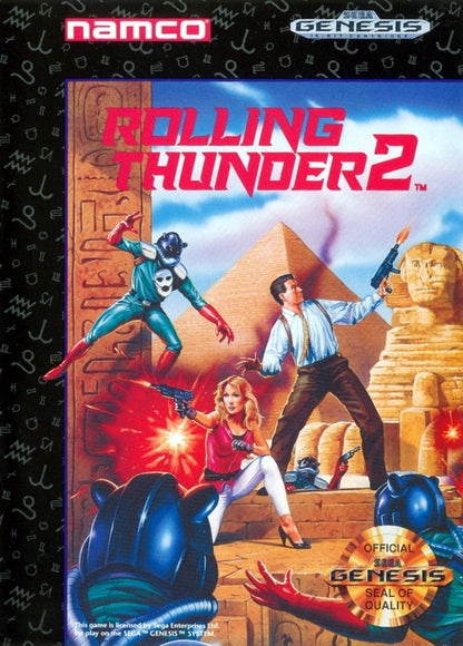 Rolling Thunder 2 Sega Genesis GEN for retro video game enthusiasts featuring side scrolling action shooter gameplay secret agent missions fast paced gun combat cooperative multiplayer challenging enemy encounters classic arcade action and collectible gaming appeal front cover