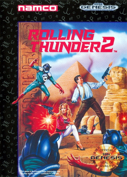Rolling Thunder 2 Sega Genesis GEN for retro video game enthusiasts featuring side scrolling action shooter gameplay secret agent missions fast paced gun combat cooperative multiplayer challenging enemy encounters classic arcade action and collectible gaming appeal front cover