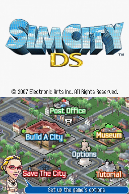SimCity DS Nintendo DS title screen for retro video game featuring city building simulation gameplay urban planning and resource management growing metropolitan skylines strategic development decisions transportation systems civic infrastructure and portable strategy gaming experience