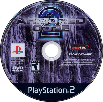 Armored Core 2 for PlayStation 2 (PS2) featuring deep mecha customization as you build and pilot a high-powered AC through intense mercenary missions on a colonized Mars; engage in fast-paced 3D combat and manage heat levels and weaponry to climb the arena ranks in this foundational 32-bit sequel disc