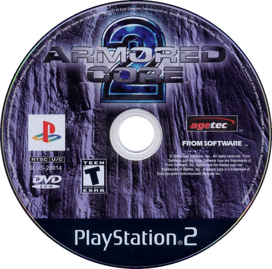 Armored Core 2 for PlayStation 2 (PS2) featuring deep mecha customization as you build and pilot a high-powered AC through intense mercenary missions on a colonized Mars; engage in fast-paced 3D combat and manage heat levels and weaponry to climb the arena ranks in this foundational 32-bit sequel disc