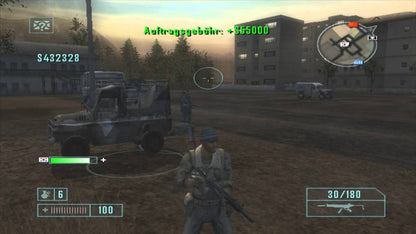 Mercenaries: Playground of Destruction PlayStation 2 gameplay featuring explosive open-world combat with soldiers, vehicles, and destructible environments.
