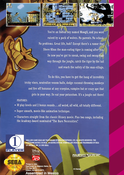 Jungle Book back cover art for SEGA Game Gear adventure video game. 